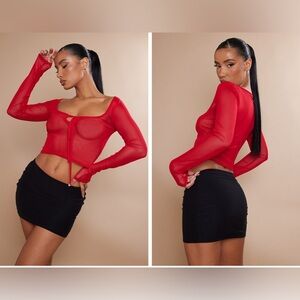 Red mesh tie front long sleeve. NEVER WORN